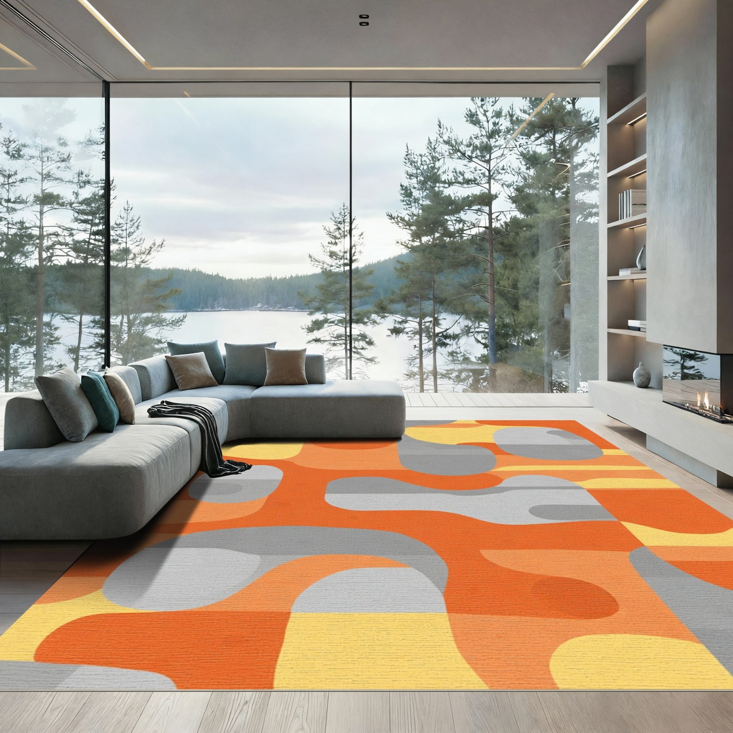 Orange Gray Abstract Organic Shapes Rug