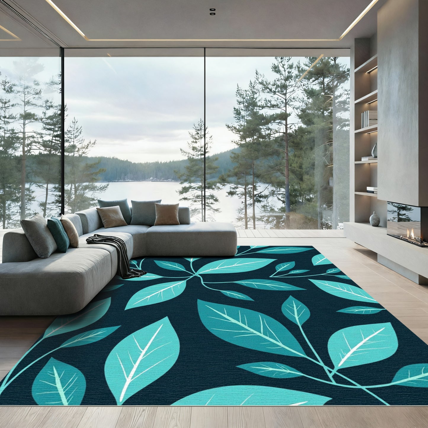 Teal And White Leafy Branches Rug