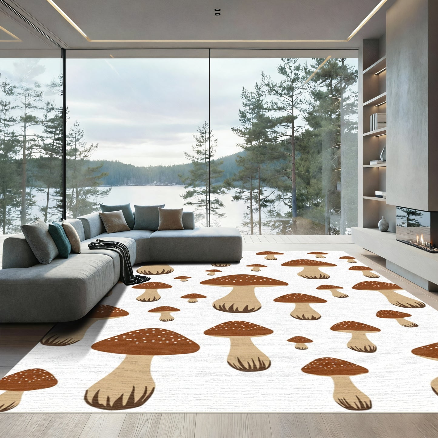 Whimsical Brown Mushroom Scattered Pattern Rug