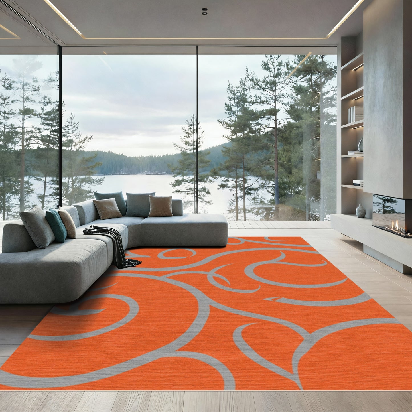 Orange Gray Swirl Flow Rug