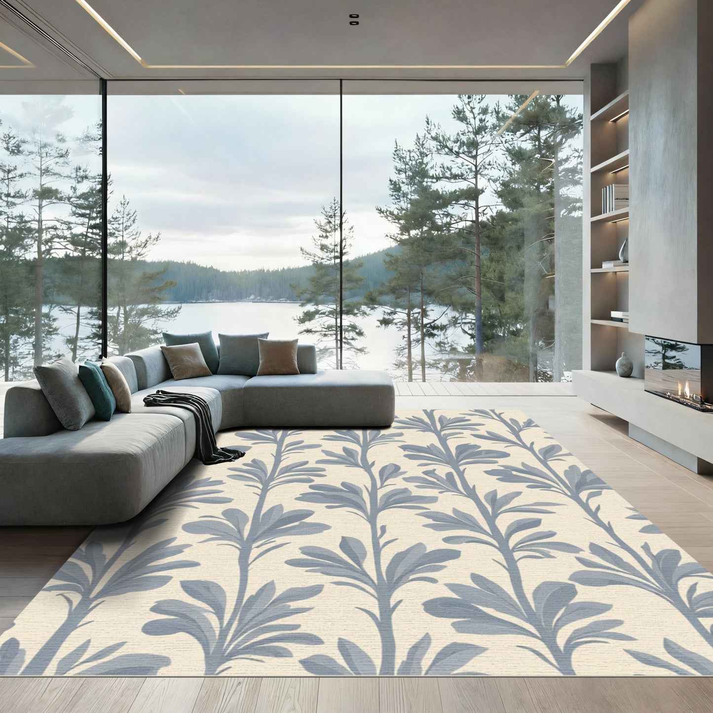 Delicate Blue Leaf Branch Pattern Rug