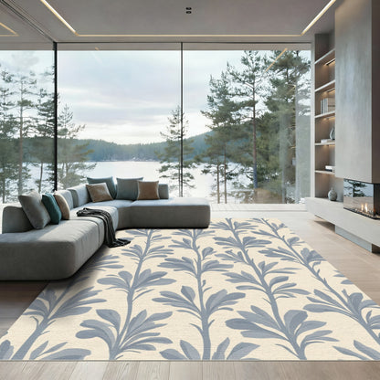 Delicate Blue Leaf Branch Pattern Rug