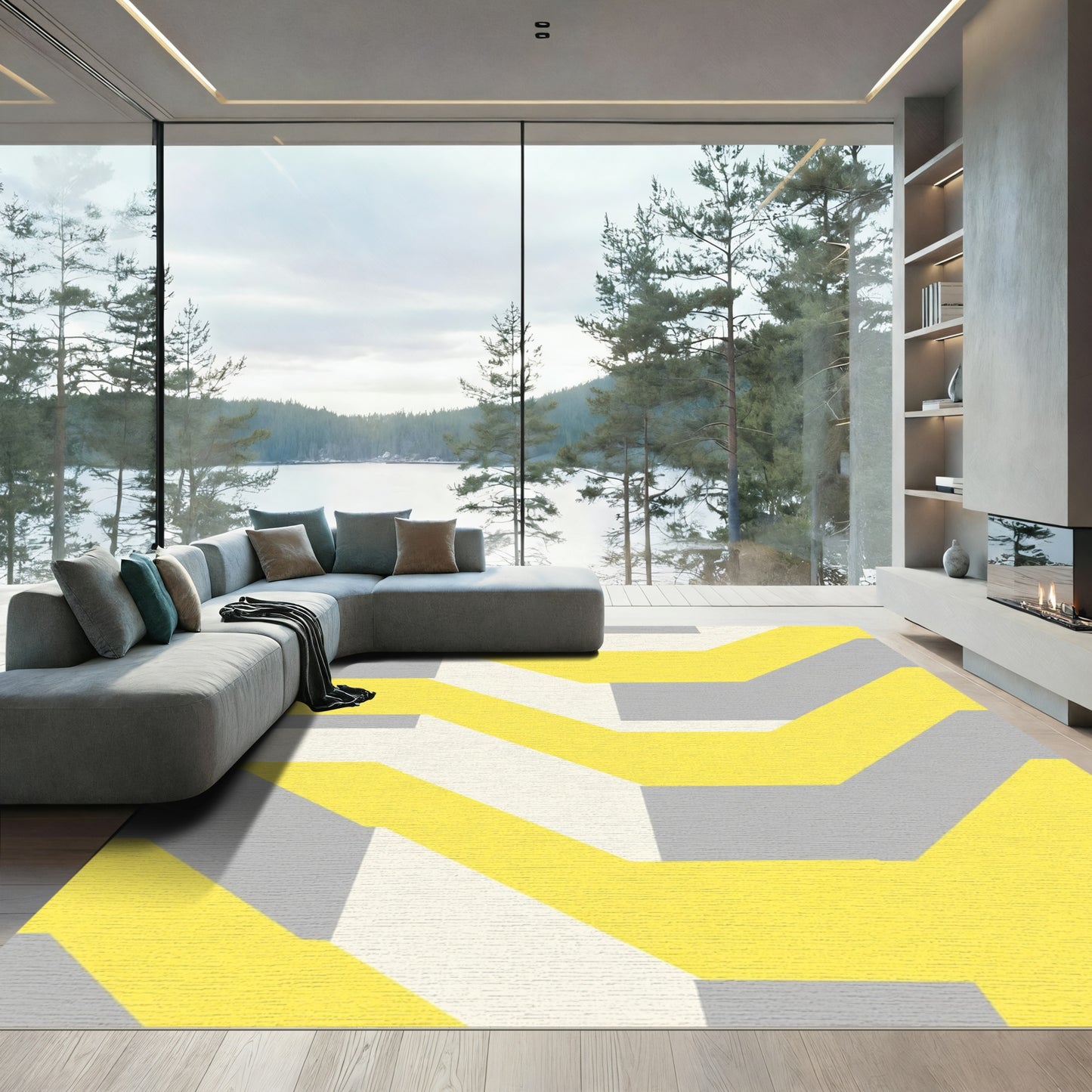 Modern Yellow Gray Geometric Chevron Rug