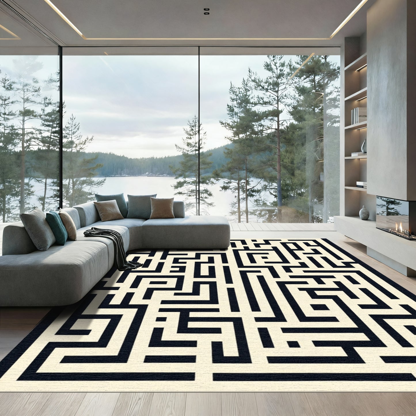 Cream Black Abstract Maze Rug
