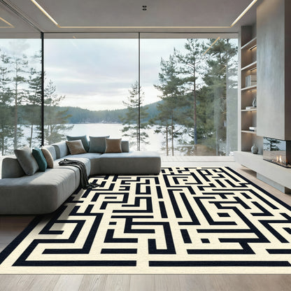 Cream Black Abstract Maze Rug