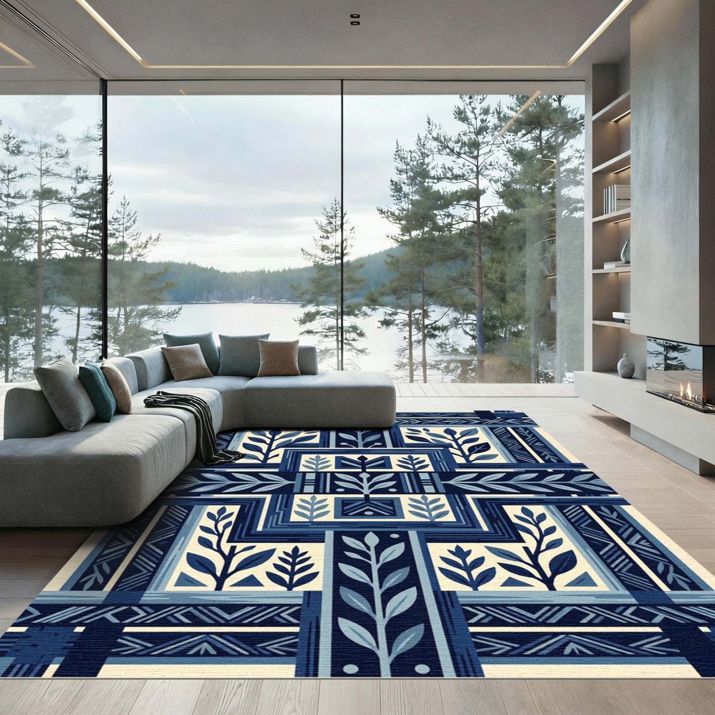 Deep Blue Botanical Framework Rug