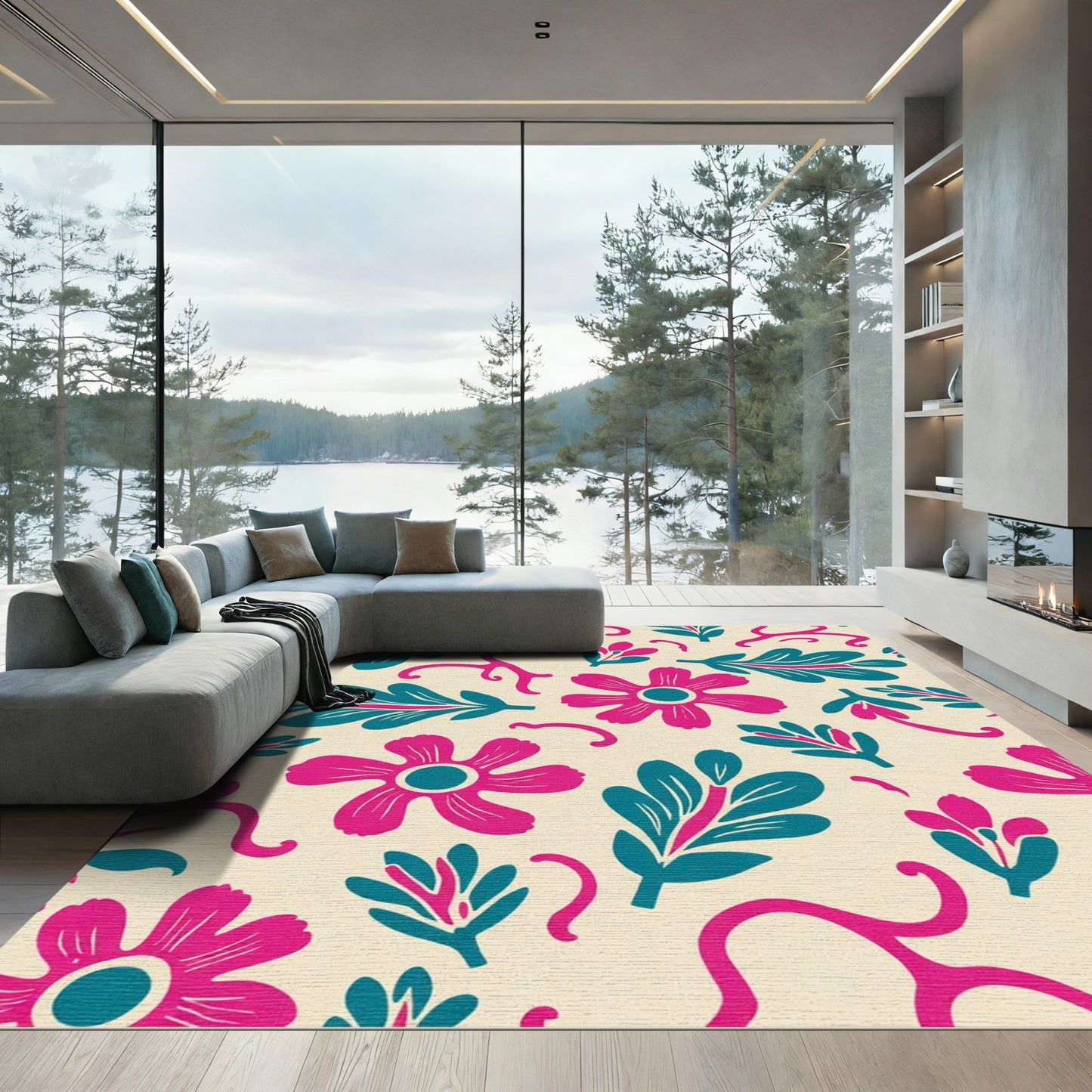 Whimsical Pink Teal Floral Swirl Rug