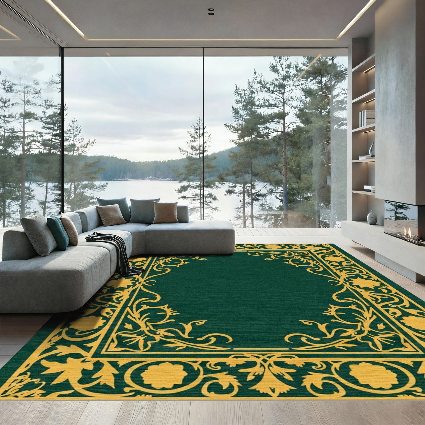 Ornate Yellow Swirls Border Green Rug