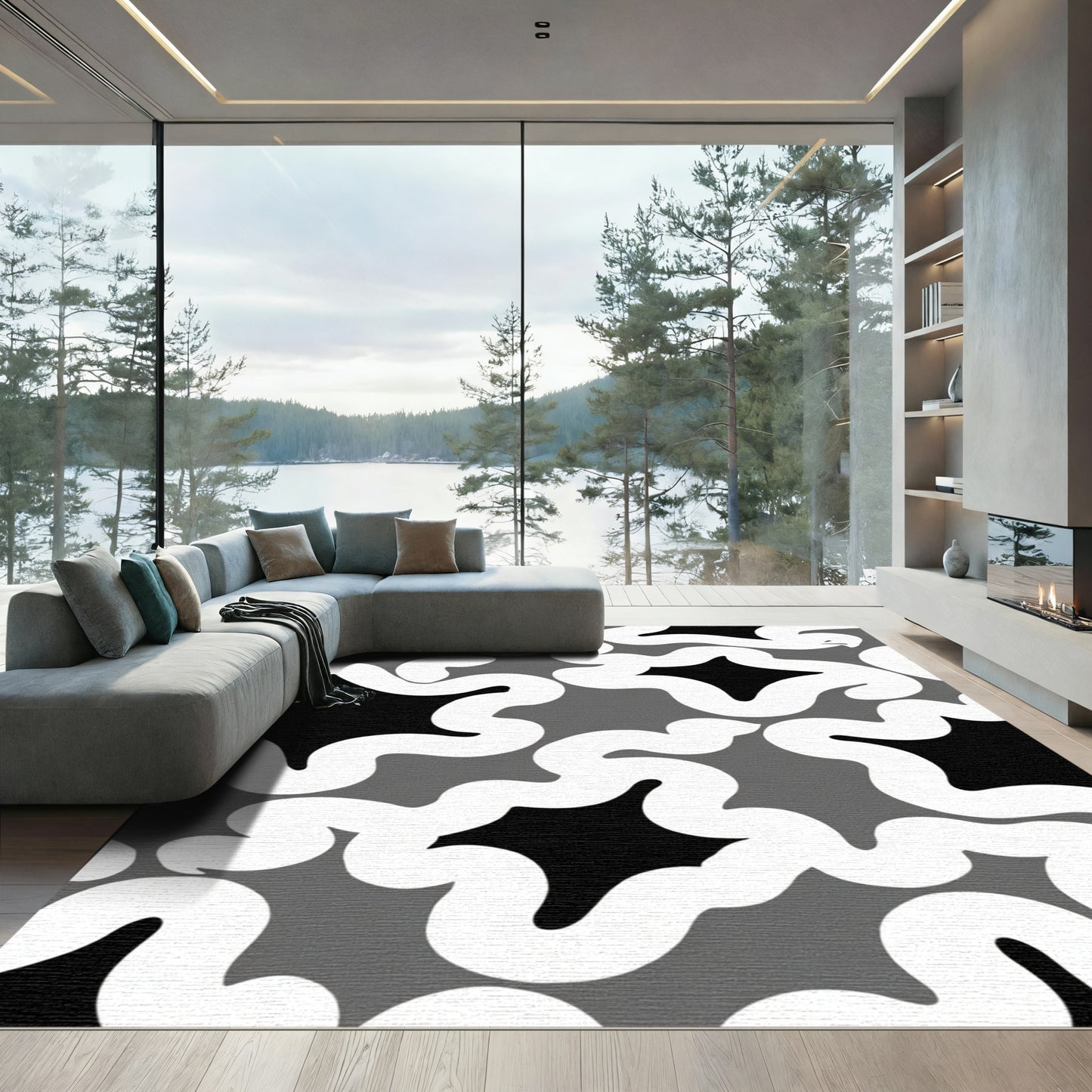 Monochrome Organic Swirl Starburst Rug