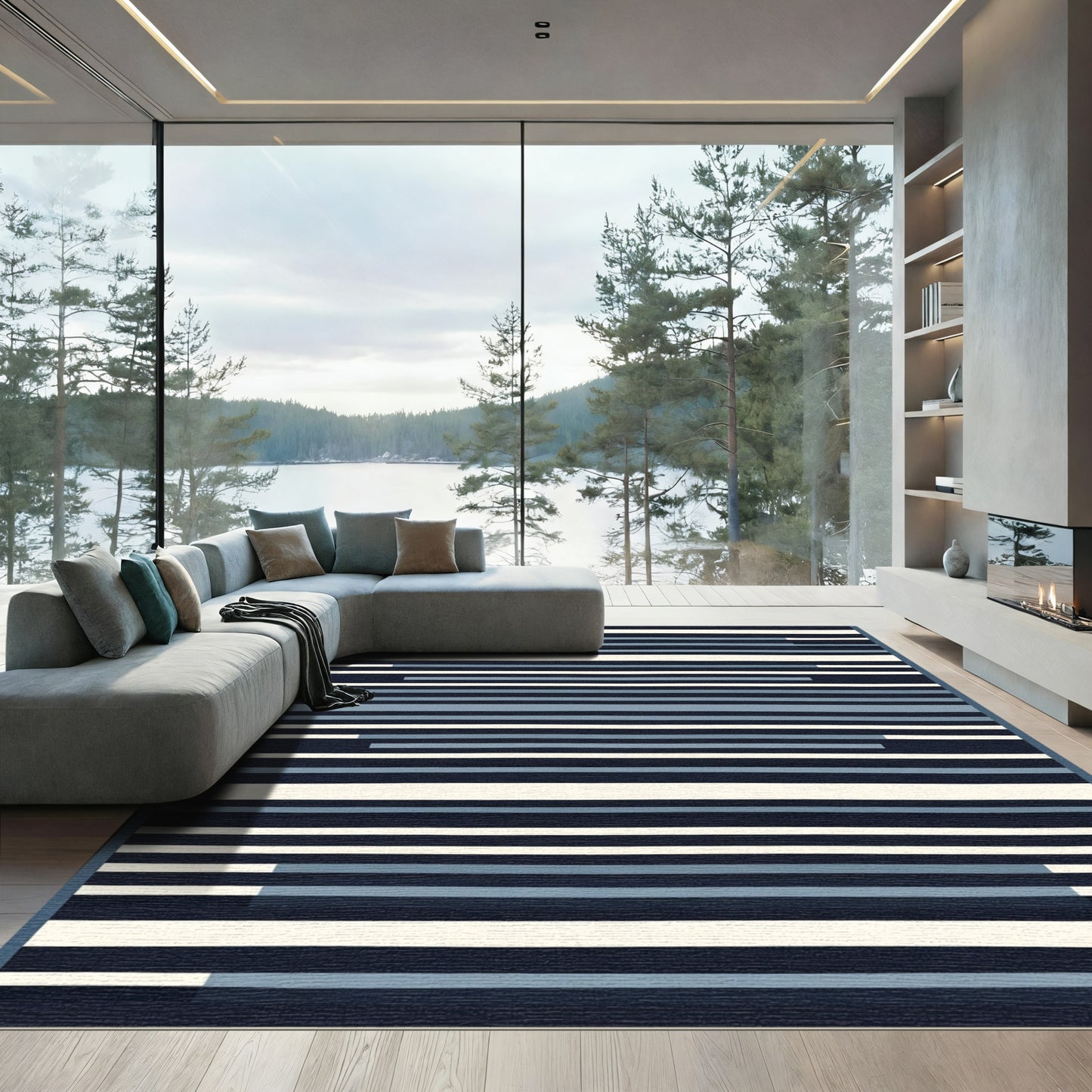 Midnight Blue Cream Horizontal Stripe Rug