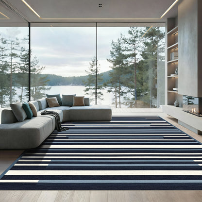 Midnight Blue Cream Horizontal Stripe Rug