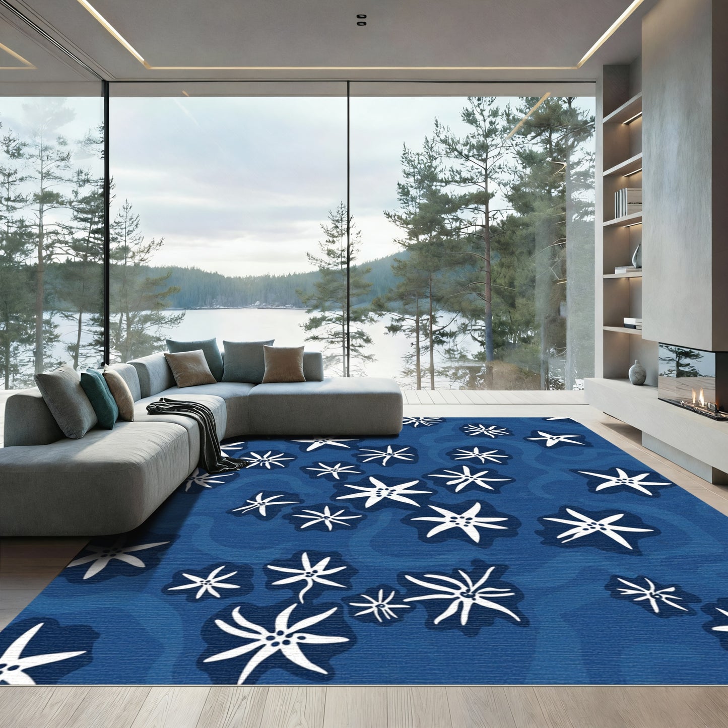 Deep Blue White Starburst Floral Rug
