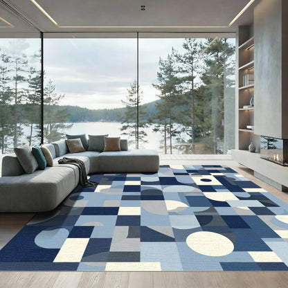 Abstract Navy Geometric Squares Circles Rug