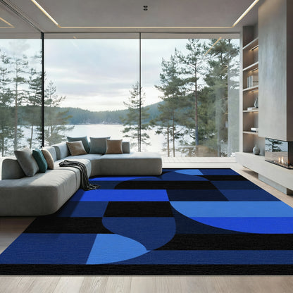 Deep Blue Black Geometric Curve Rug