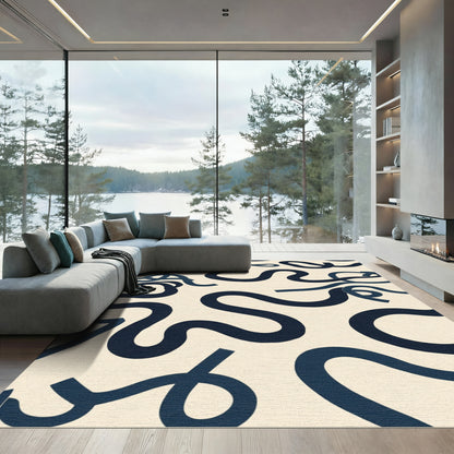 Navy Ribbons Cream Abstract Rug