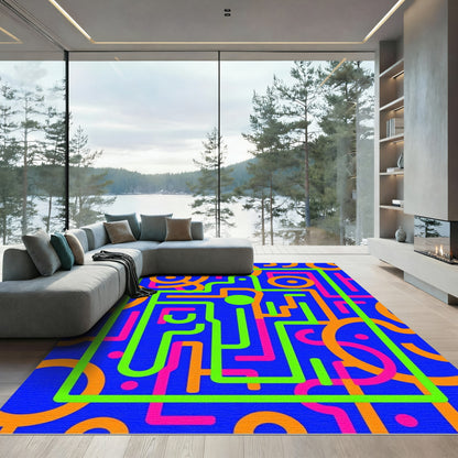 Vibrant Orange Pink Abstract Maze Rug