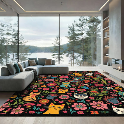 Colorful Whimsical Cat Floral Medley Rug