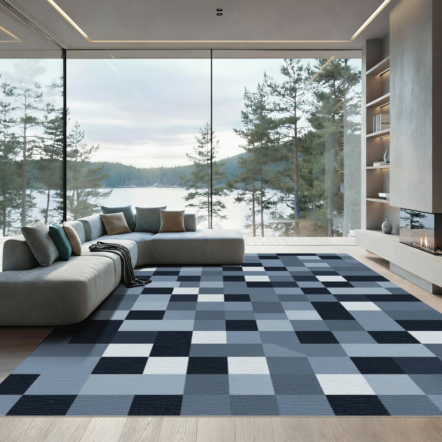 Cool Neutral Square Pixel Collage Rug