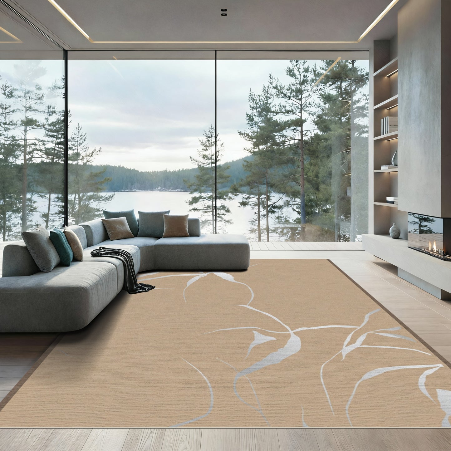 Silver Abstract Foliage Tan Rug
