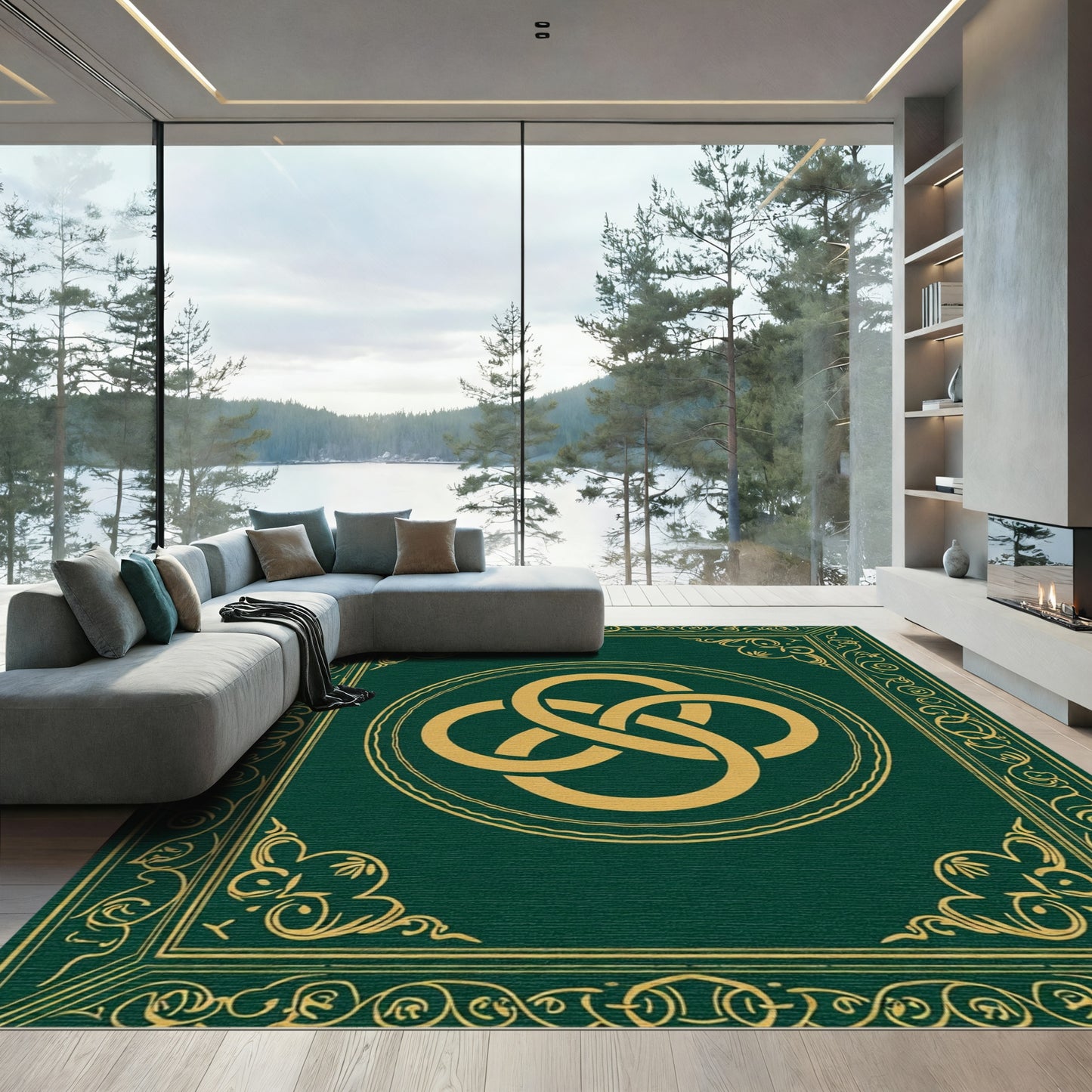 Emerald Gold Intertwined Knot Frame Rug