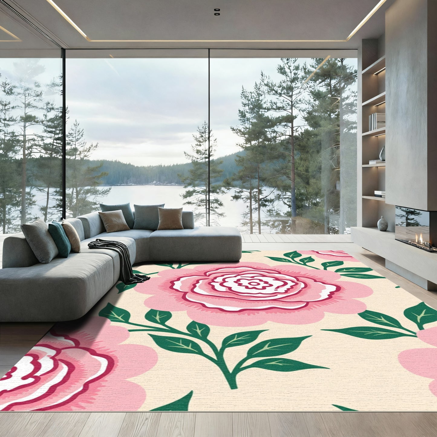 Large Pink Peony Vine Botanical Rug
