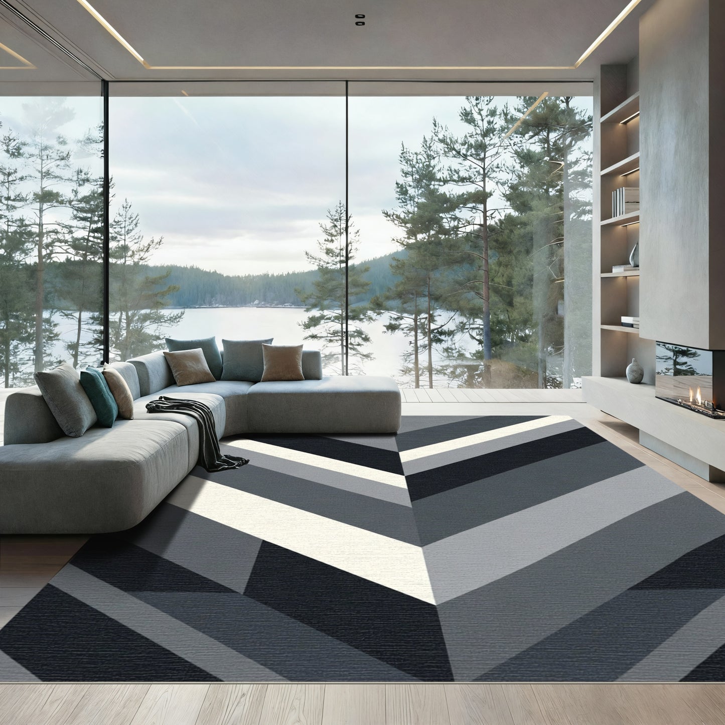 Monochrome Chevron Stripe Layered Rug