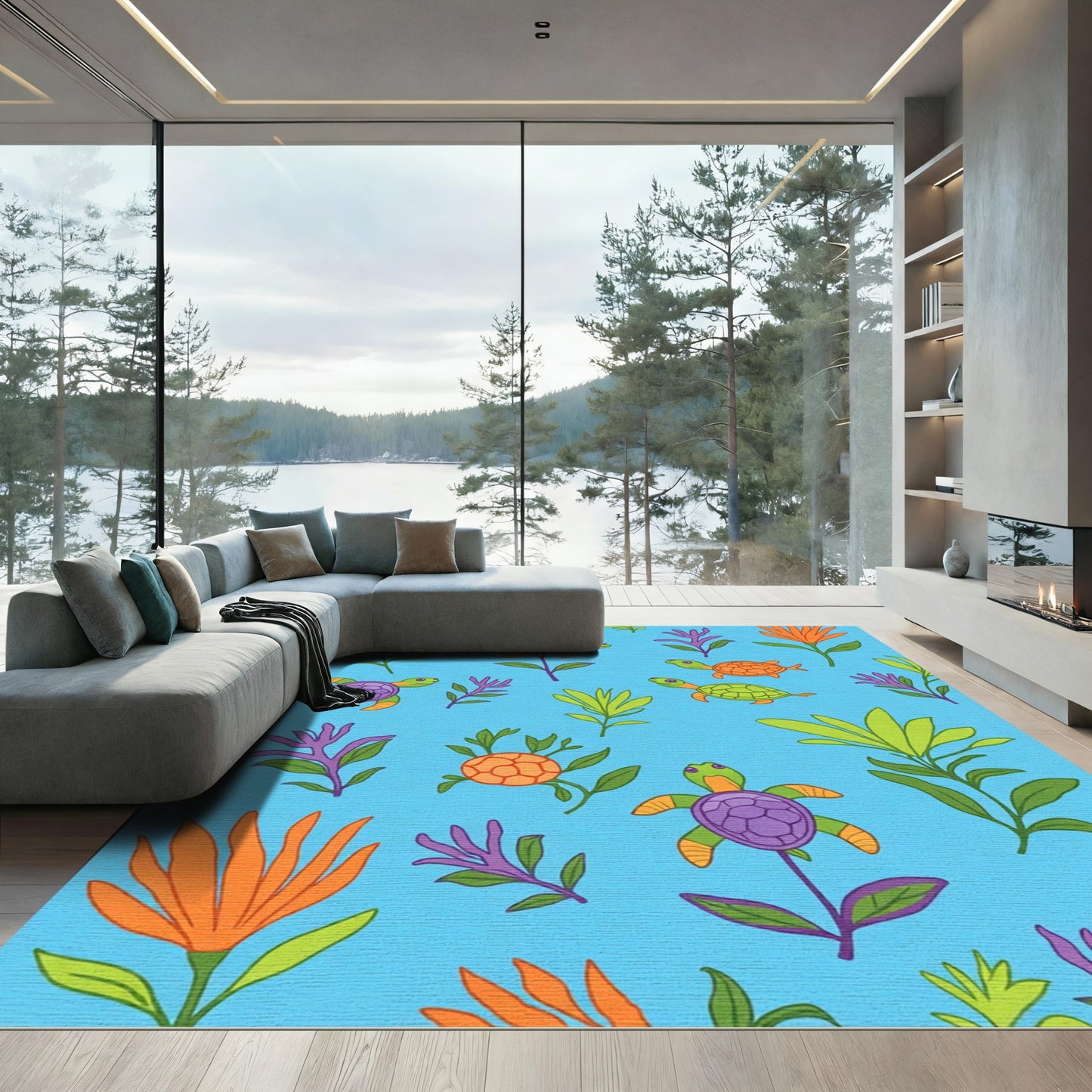 Oceanic Turtle Floral Whimsical Blue Rug