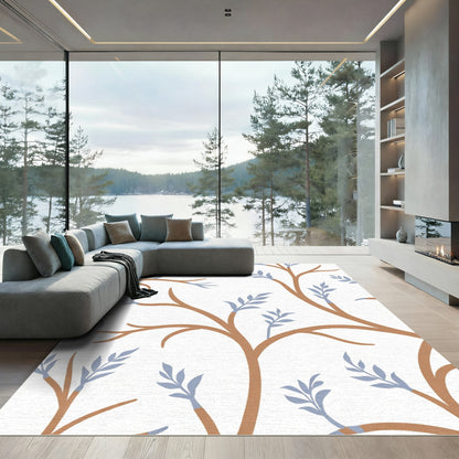 Cozy Brown Branch Blue Leaf Silhouette Rug
