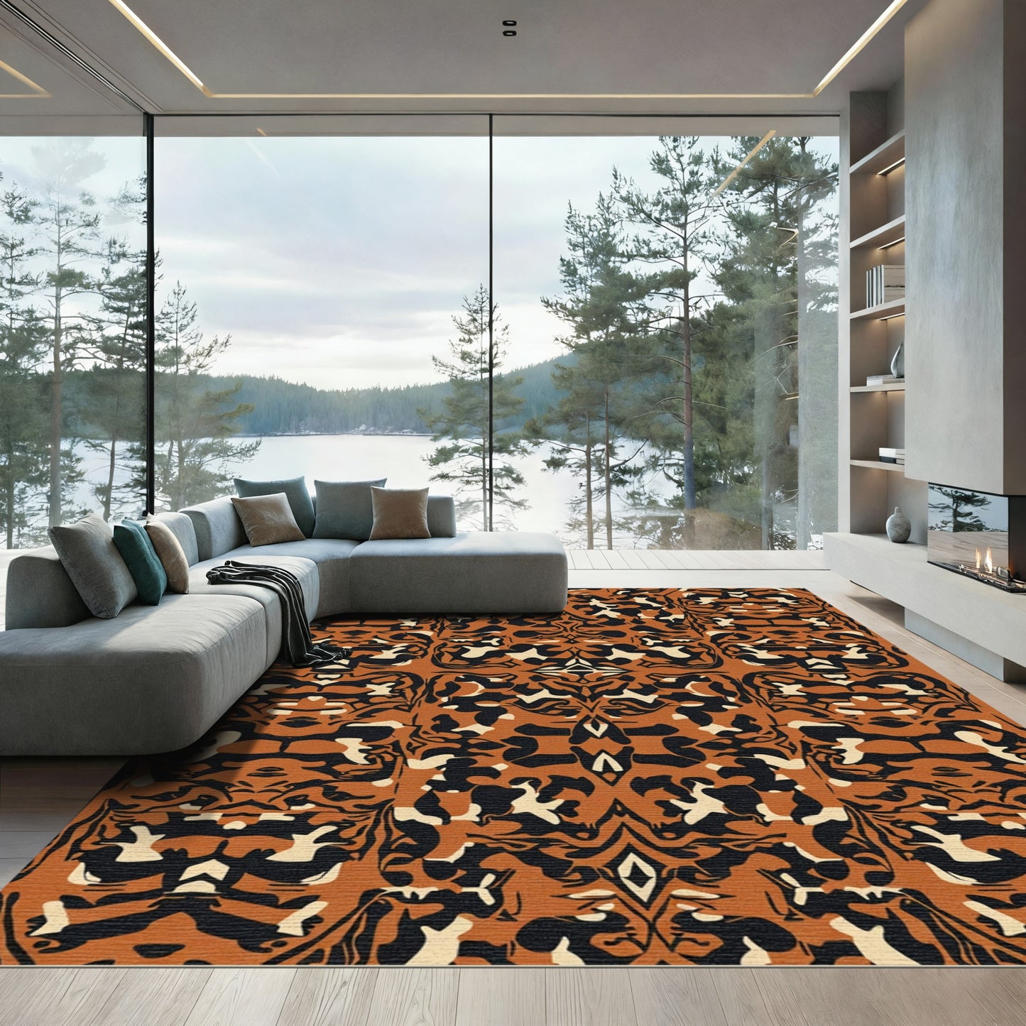 Burnt Orange Black Cream Abstract Organic Rug
