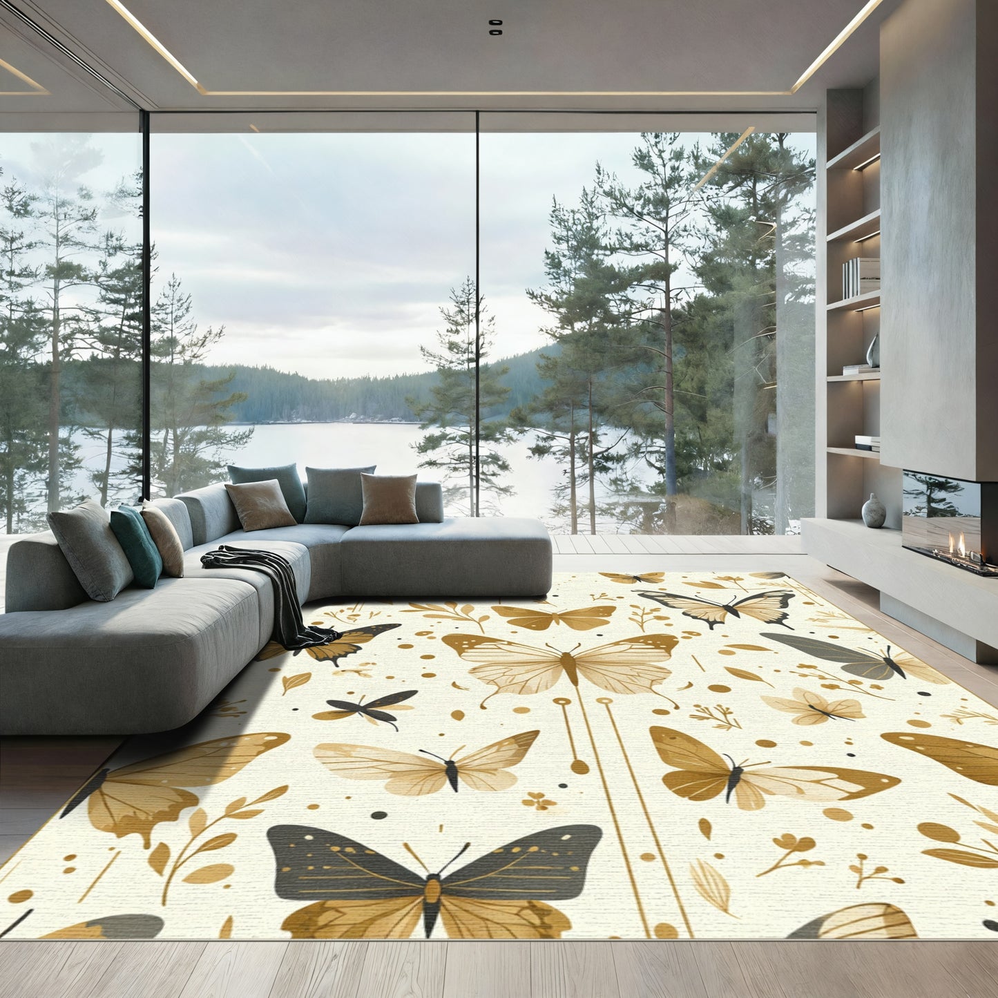Golden Butterflies and Botanical Sprigs Rug