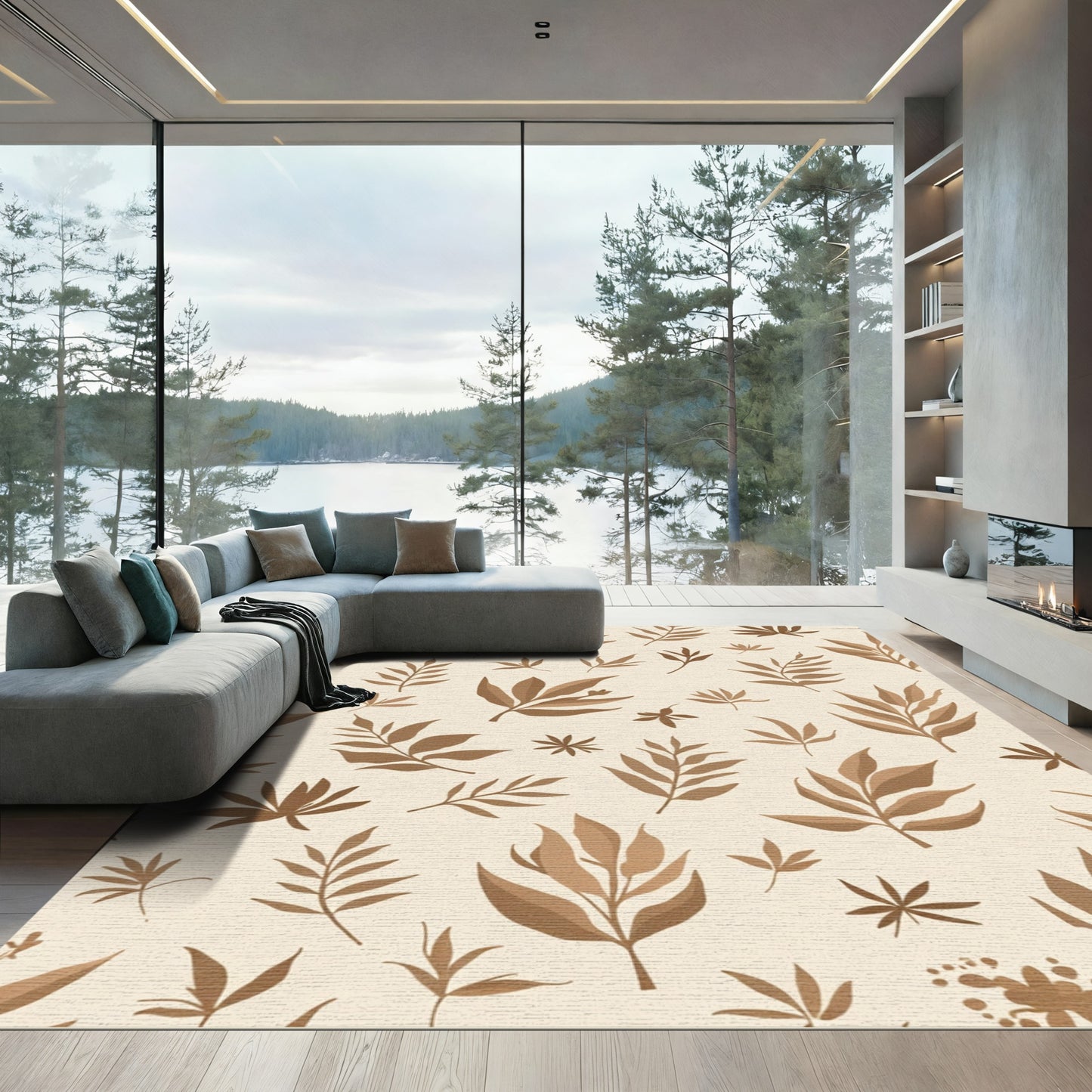 Earthy Tan Botanical Leaf Collage Rug