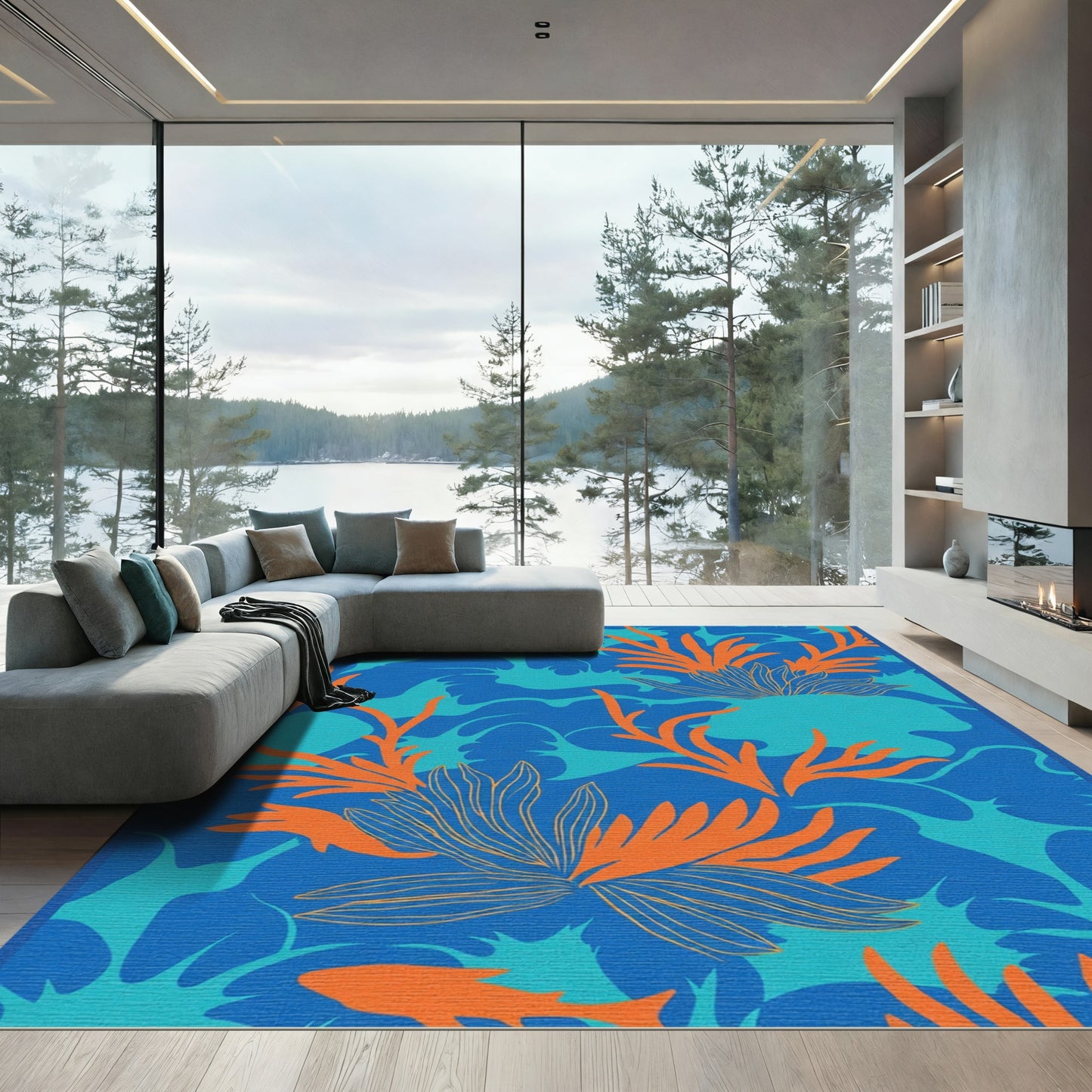 Vibrant Orange Coral Ocean Waves Rug