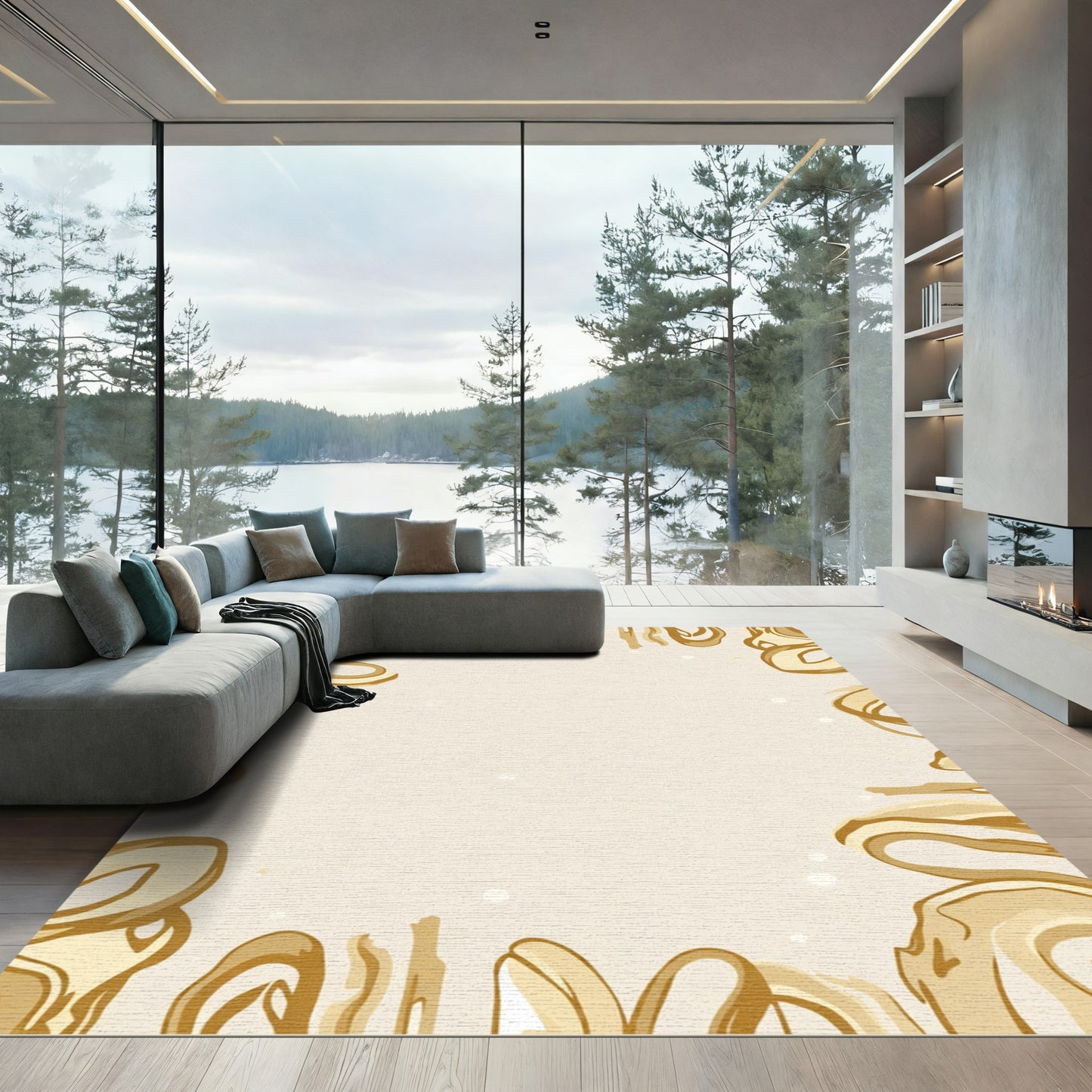 Golden Swirl Abstract Border Rug