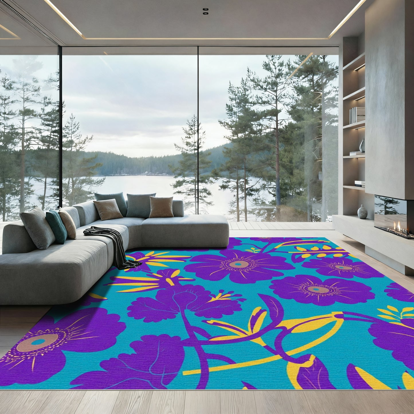 Purple Yellow Floral Teal Background Rug