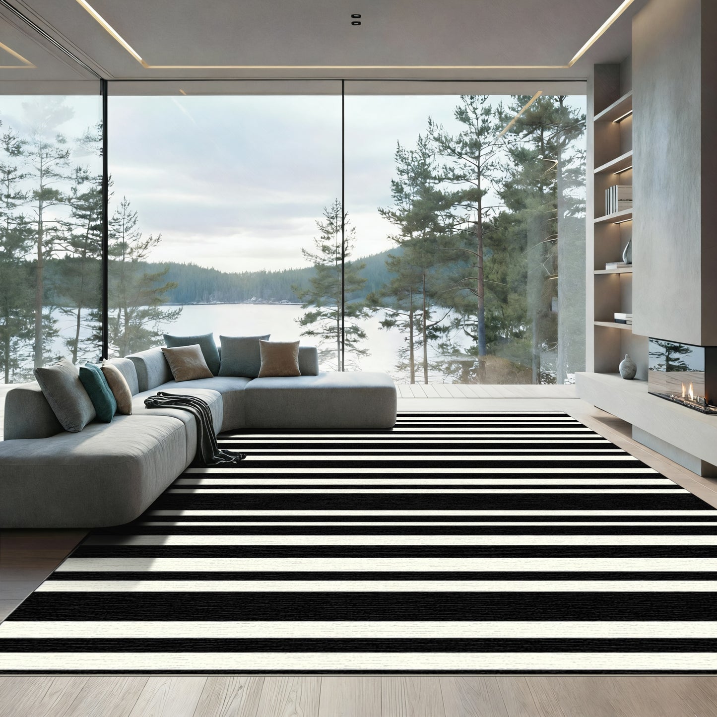 Black Cream Fine Stripe Rug