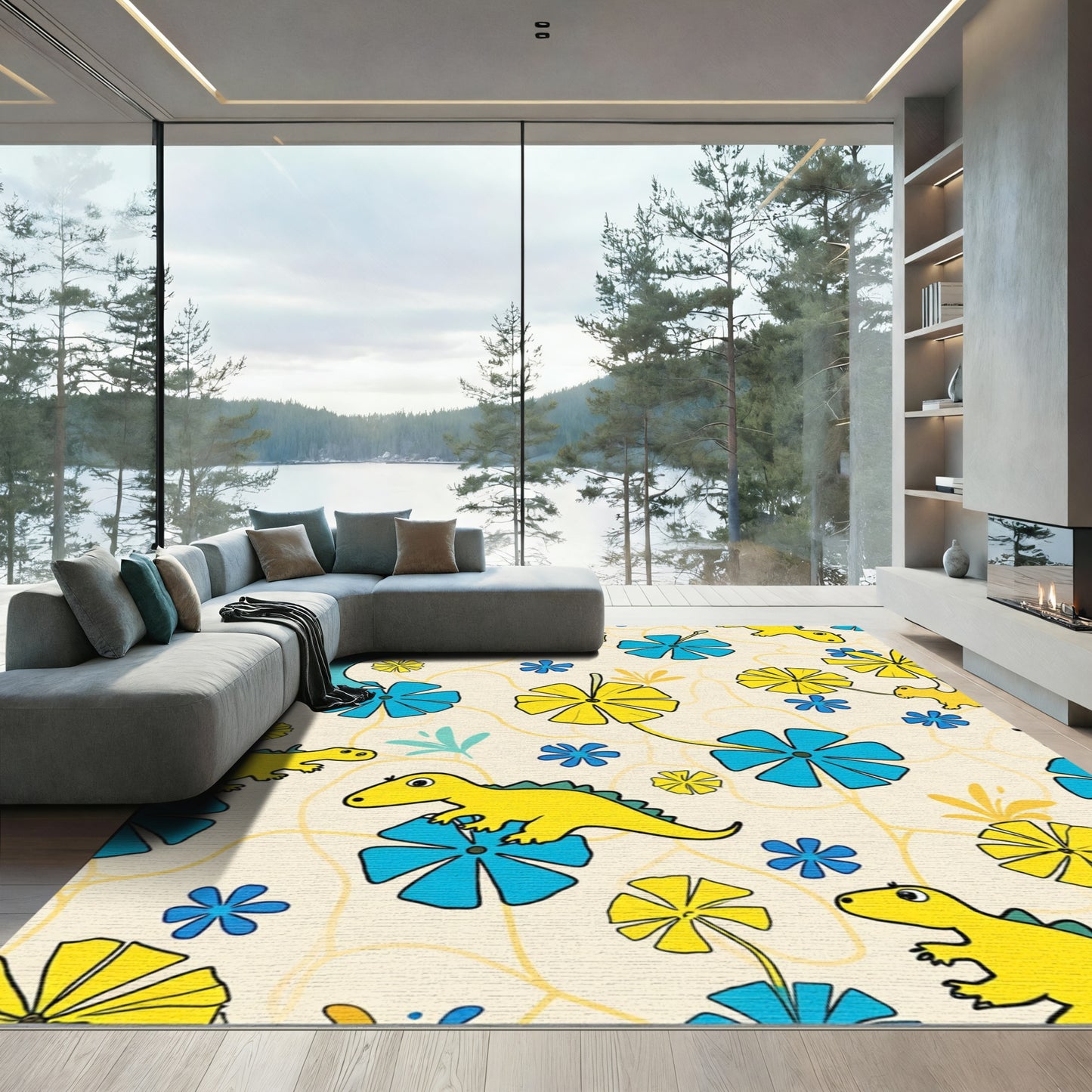 Playful Yellow Dinosaurs Blue Flowers Rug