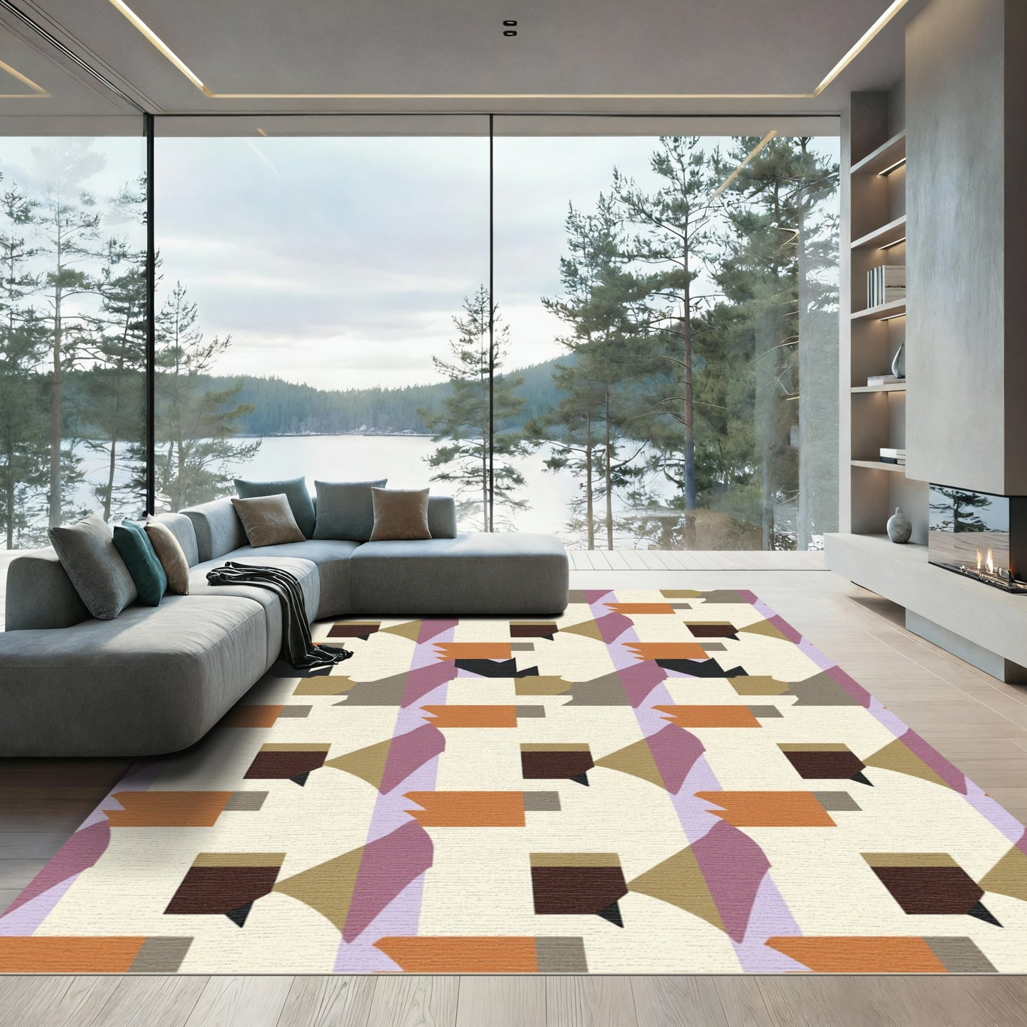 Geometric Abstract Composition Orange Purple Rug
