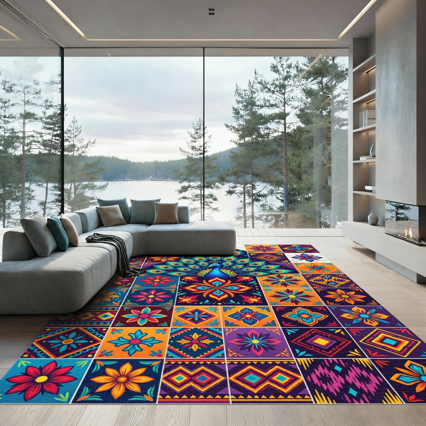Vibrant Peacock Exotic Tile Composition Rug