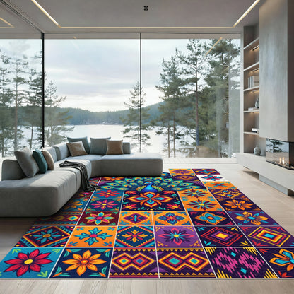Vibrant Peacock Exotic Tile Composition Rug