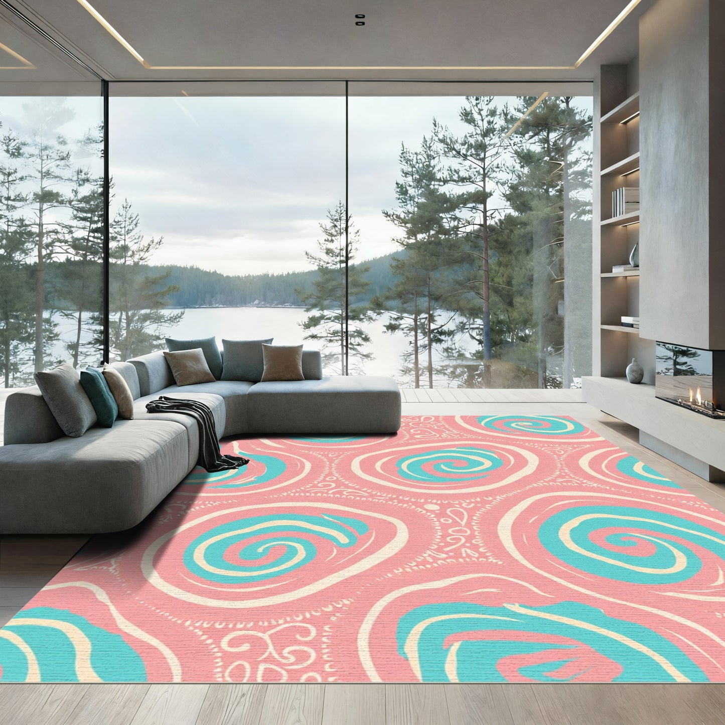 Coral Pink Teal Swirl Roundel Rug