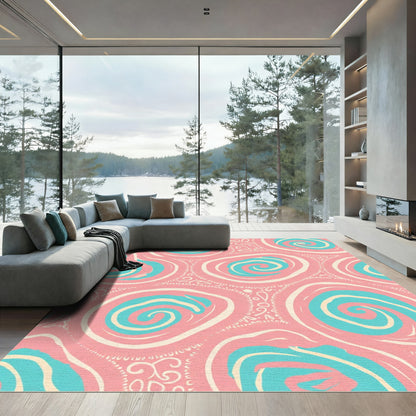 Coral Pink Teal Swirl Roundel Rug