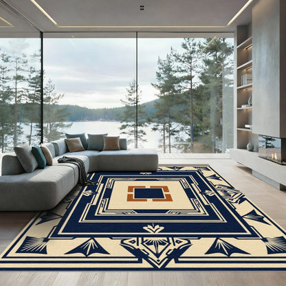 Navy Cream Geometric Art Deco Square Rug