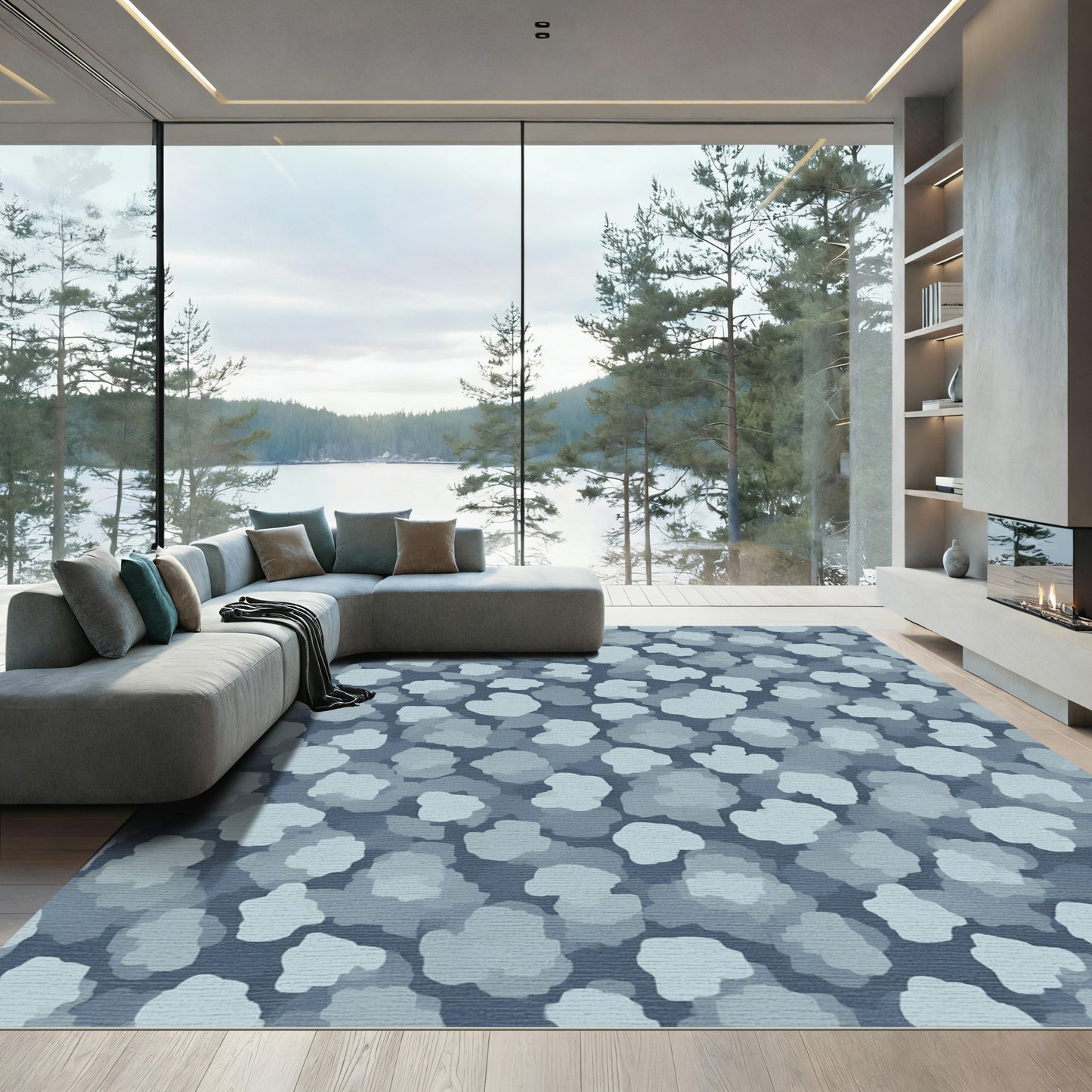 Cool Blue Abstract Cloud Cluster Rug