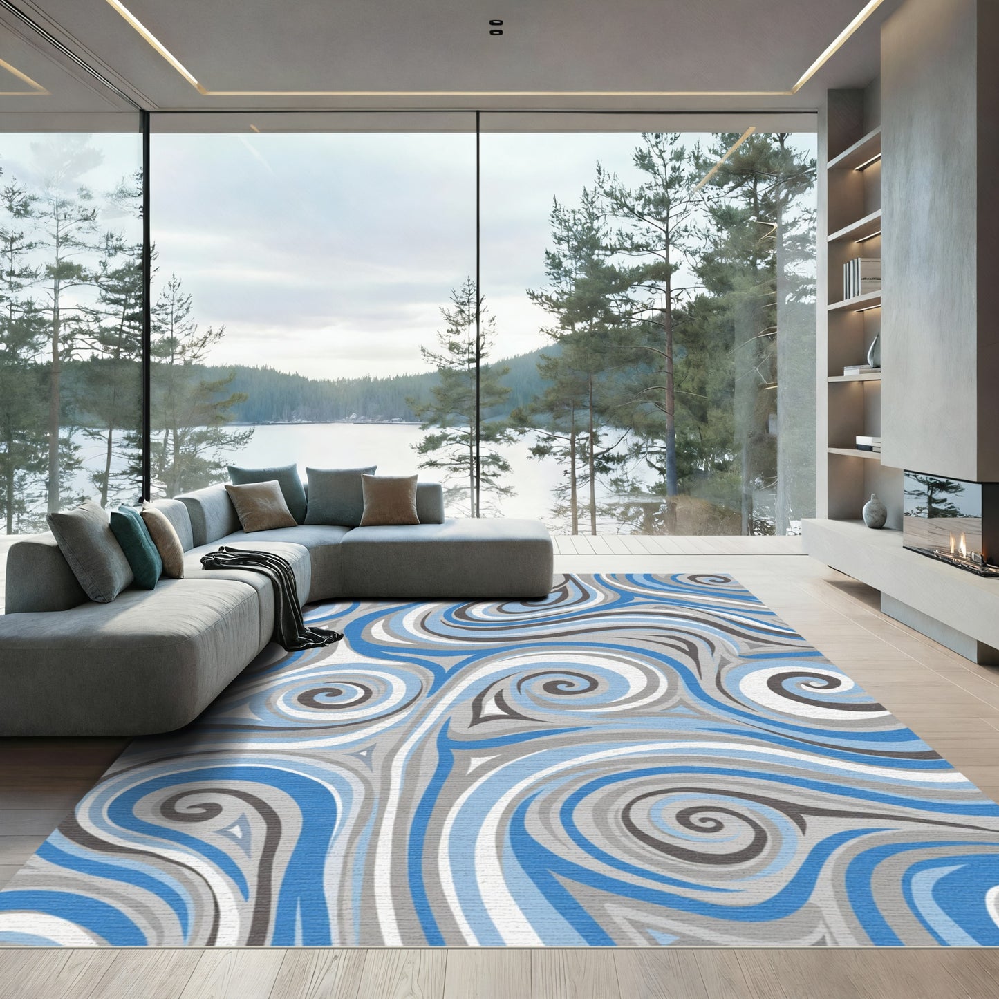 Blue Gray Swirl Abstract Rug