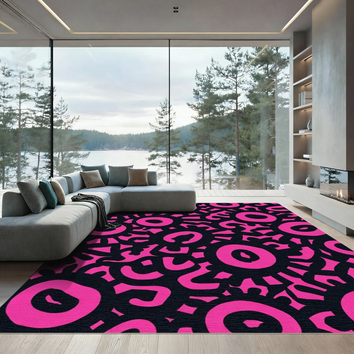Vivid Pink Sunburst Blob Collage Rug