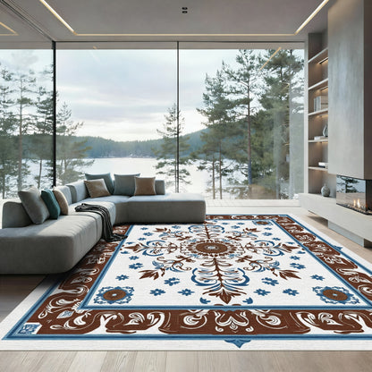 Brown Blue Floral Medallion Border Rug