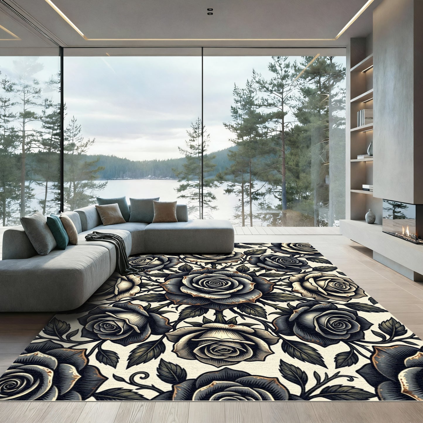Gothic Black Rose Floral Arrangement Rug