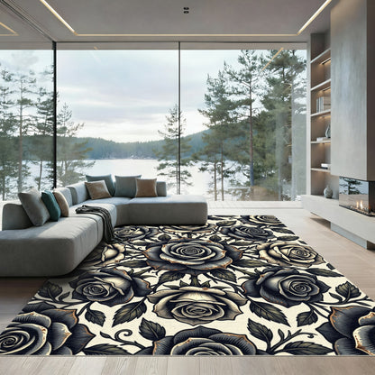 Gothic Black Rose Floral Arrangement Rug
