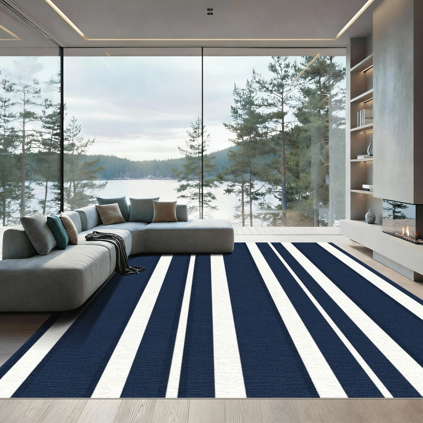 Navy White Vertical Stripe Rug
