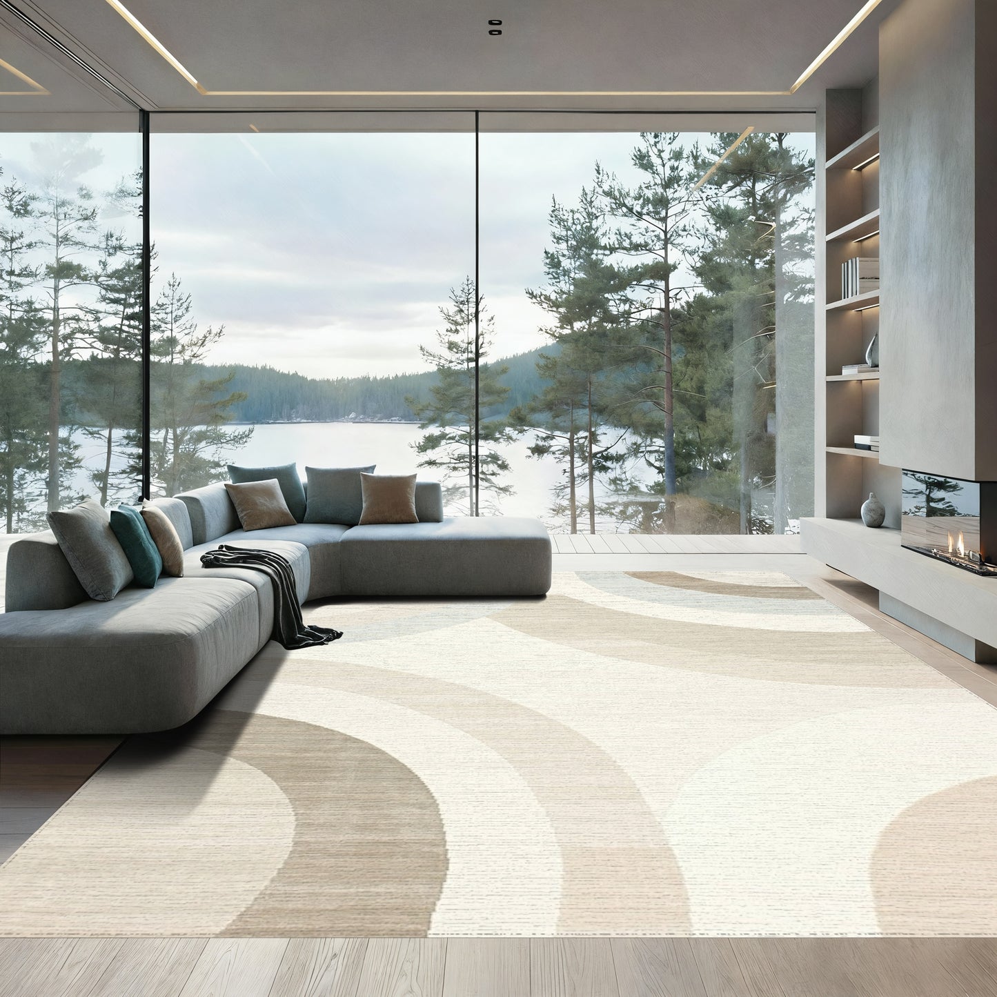 Modern Taupe Concentric Circles Rug